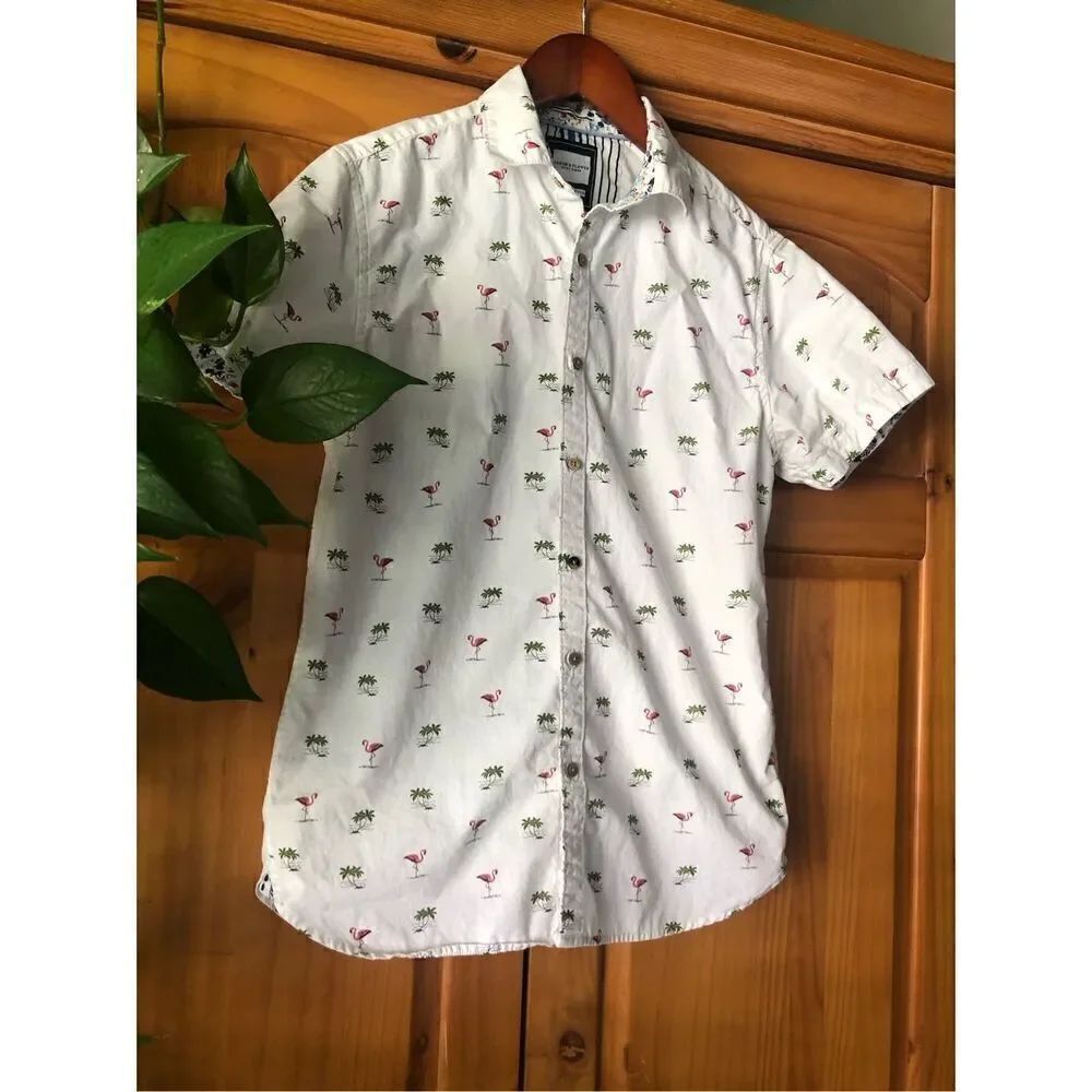 DENIM & FLOWER SHIRT White Pink Flamingos Print Men SZ S